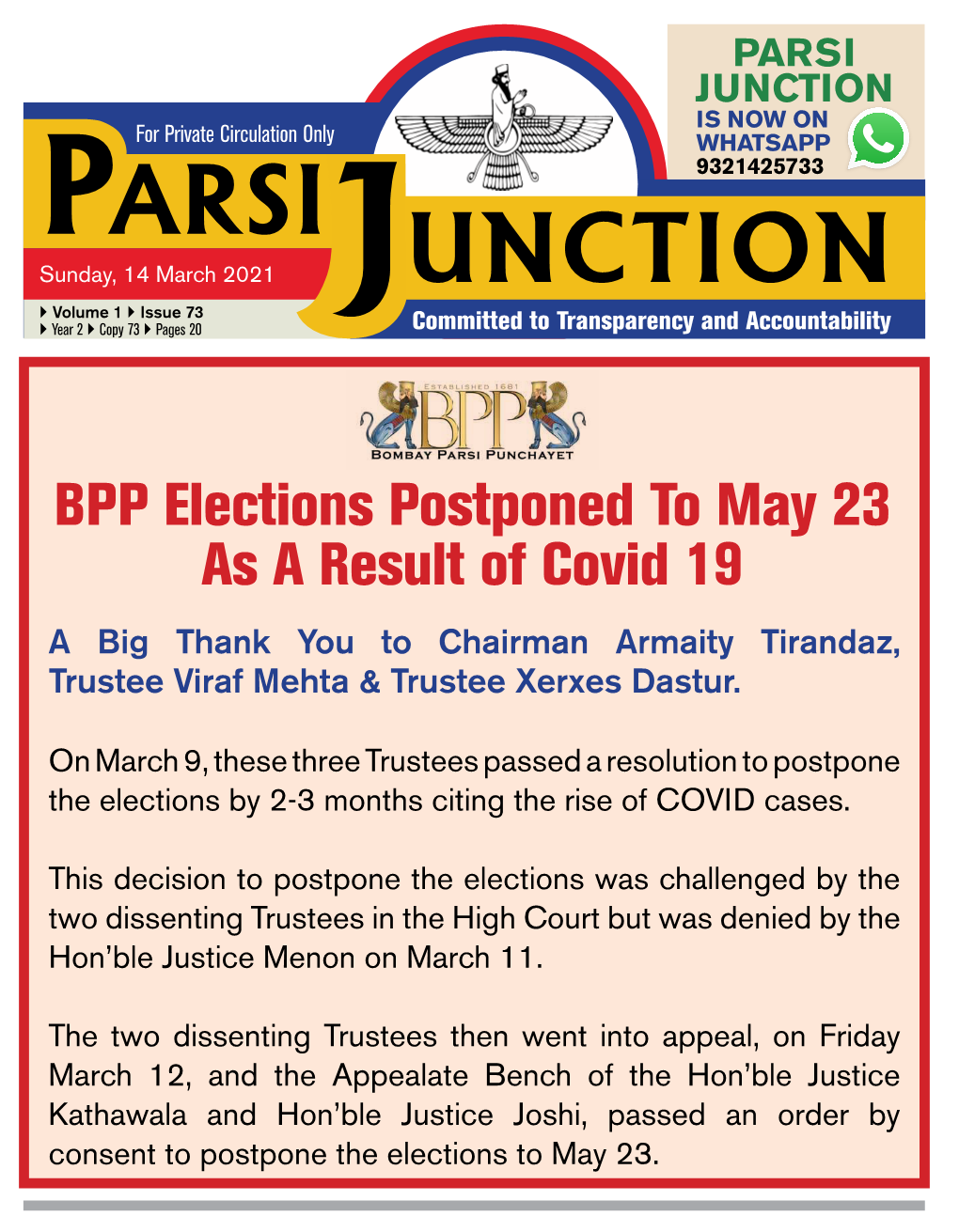 BPP Elections Postponed to May 23 As a Result of Covid 19 a Big Thank You to Chairman Armaity Tirandaz, Trustee Viraf Mehta & Trustee Xerxes Dastur