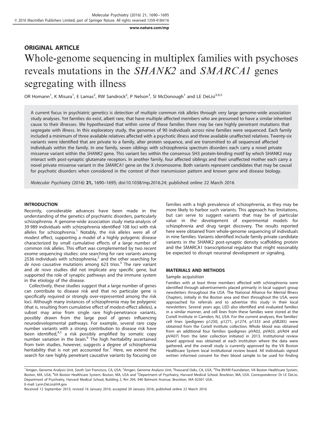 Whole-Genome Sequencing in Multiplex Families with Psychoses Reveals Mutations in the SHANK2 and SMARCA1 Genes Segregating with Illness
