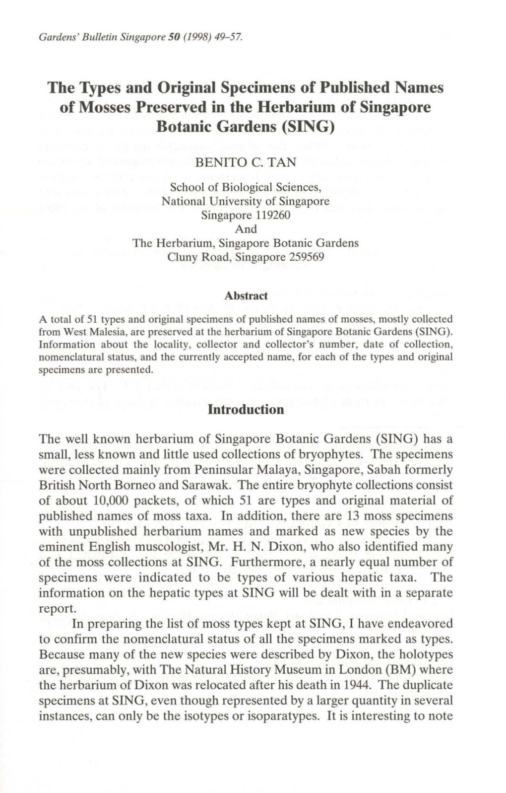 The Types and Original Specimens of Published Names of Mosses