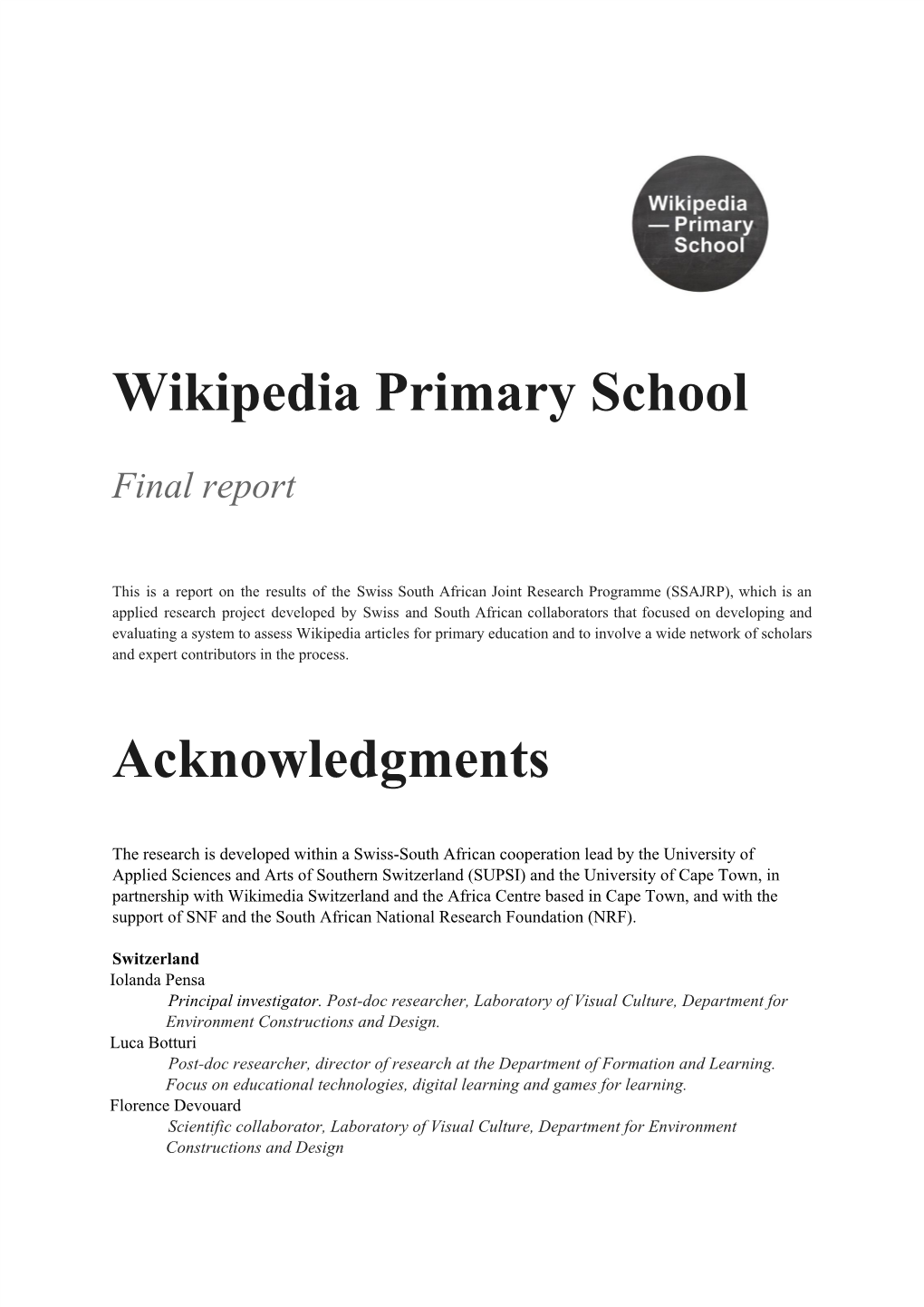 Wikipedia​ ​Primary​ ​School Acknowledgments