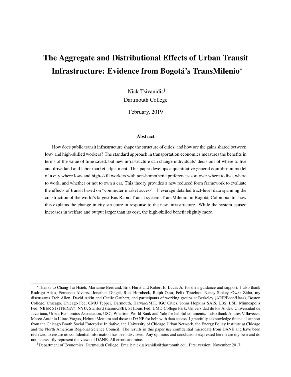 The Aggregate and Distributional Effects of Urban Transit Infrastructure: Evidence from Bogotá's Transmileniothanks to Chang