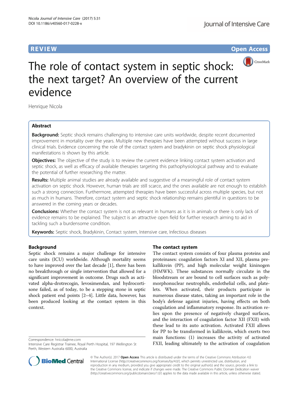 The Role of Contact System in Septic Shock: the Next Target? an Overview of the Current Evidence Henrique Nicola