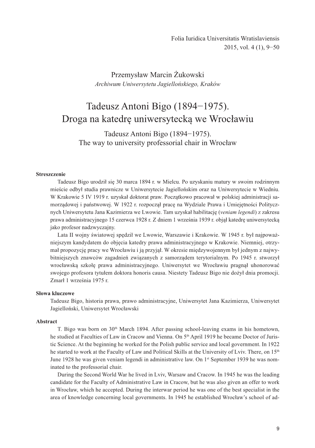 Tadeusz Antoni Bigo (1894-1975). Droga Na Katedrę Uniwersytecką