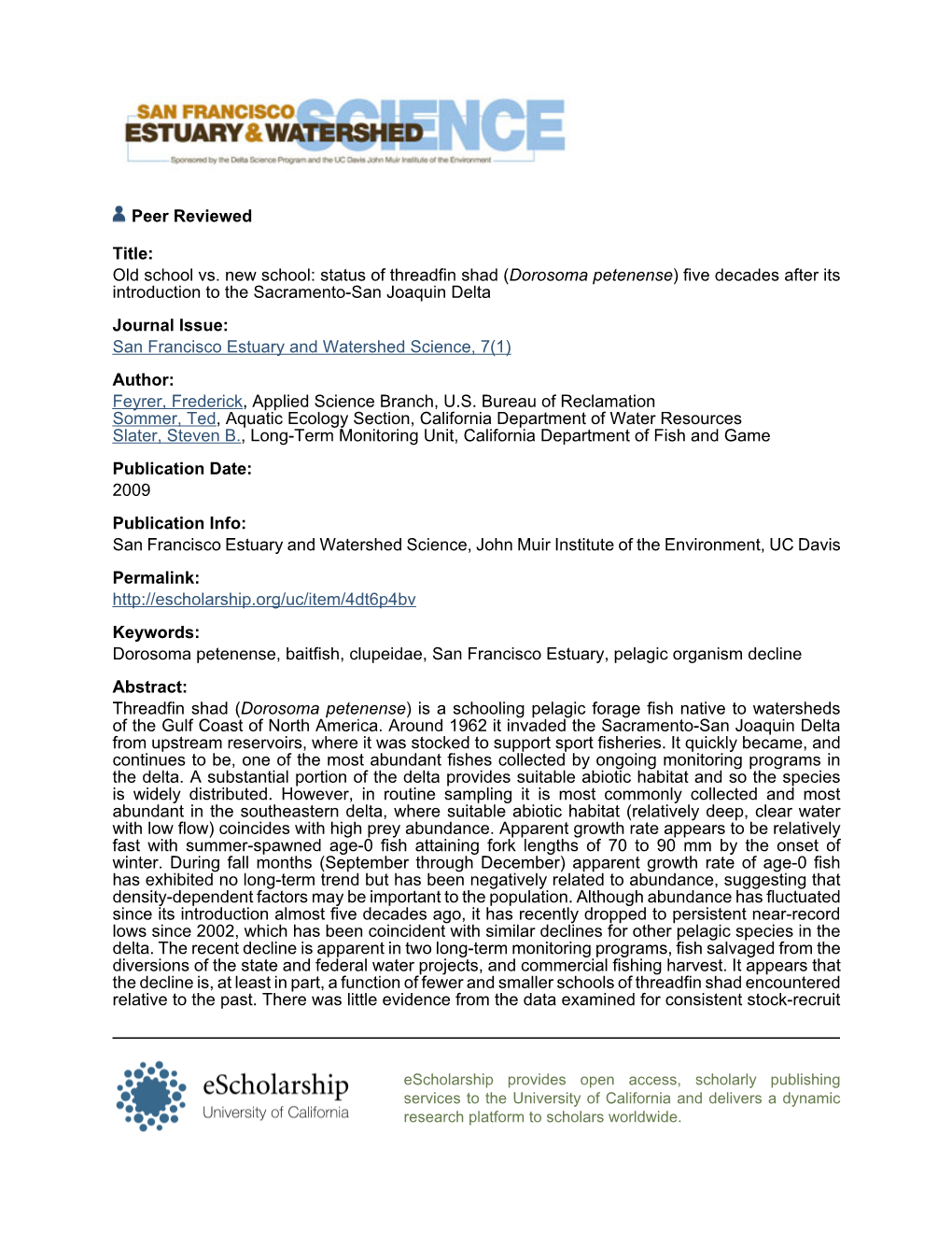 Status of Threadfin Shad (Dorosoma Petenense)