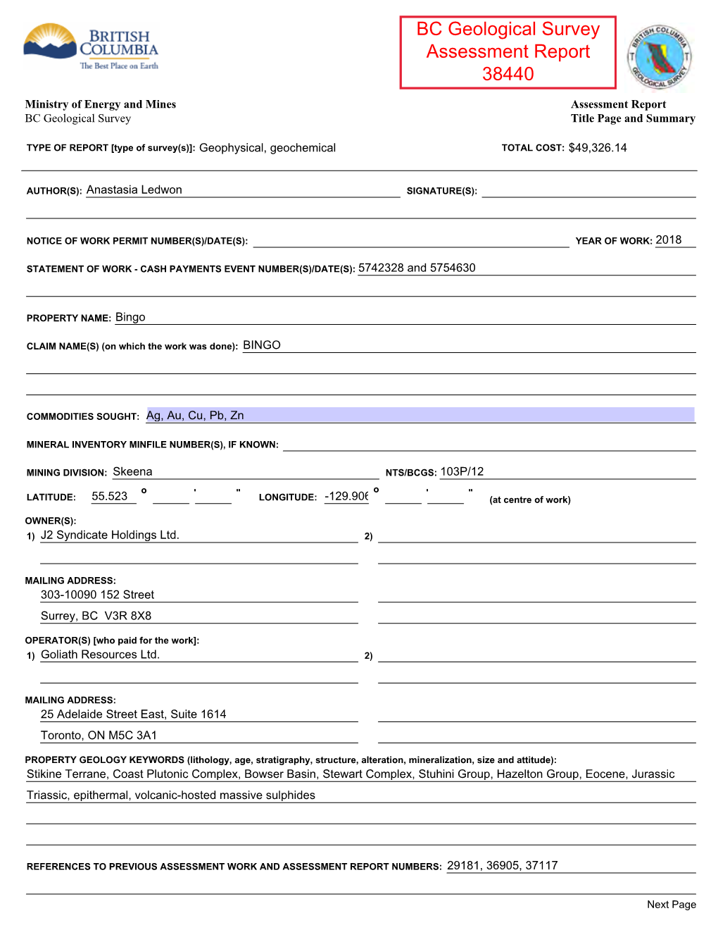 BC Geological Survey Assessment Report 38440