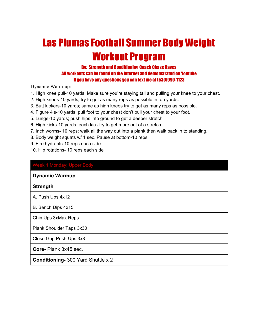 Las Plumas Football Summer Body Weight Workout Program