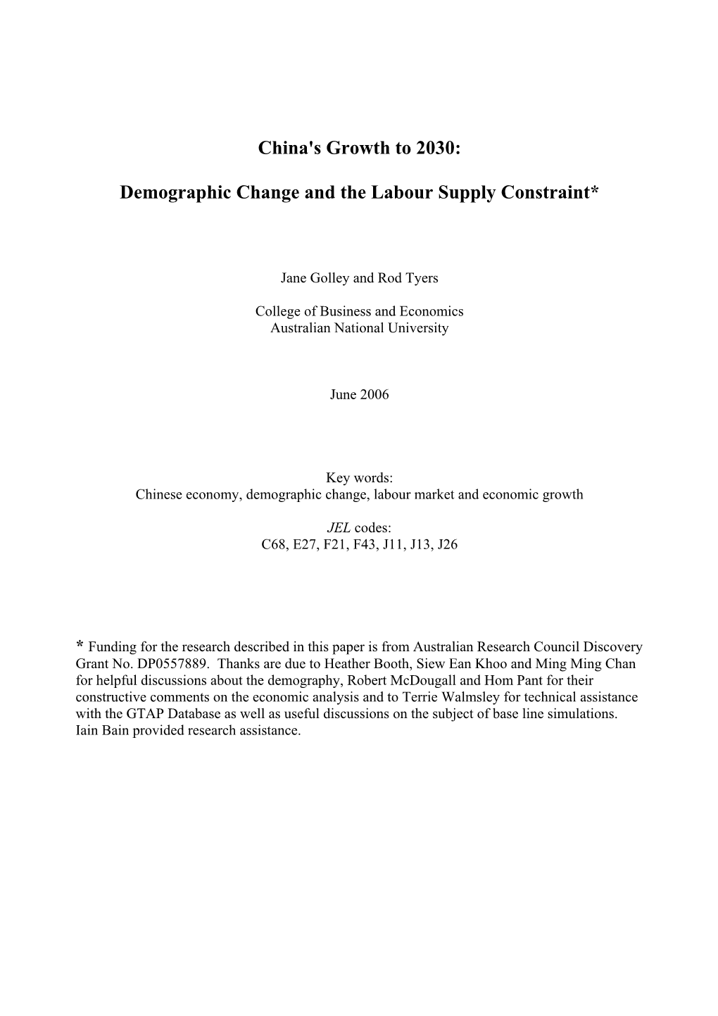 China's Growth to 2030: Demographic Change and the Labour Supply Constraint