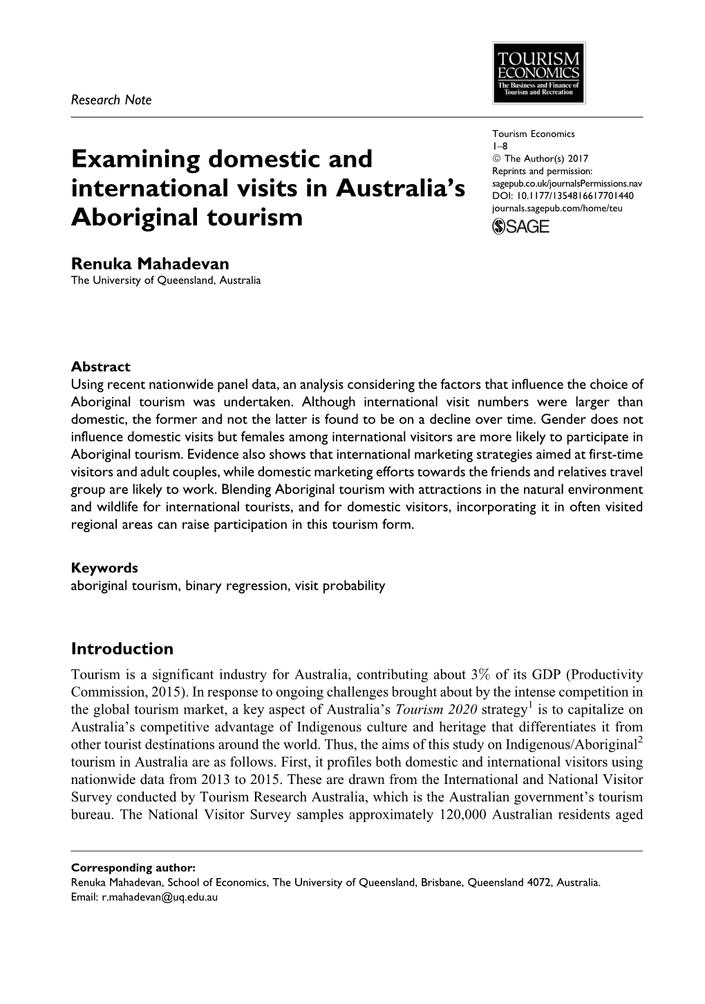 Examining Domestic and International Visits in Australia's Aboriginal Tourism