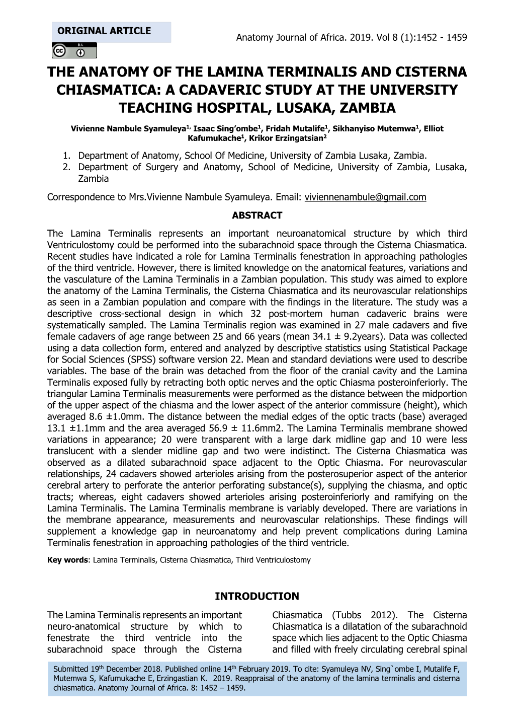 The Anatomy of the Lamina Terminalis and Cisterna Chiasmatica: a Cadaveric Study at the University Teaching Hospital, Lusaka, Zambia