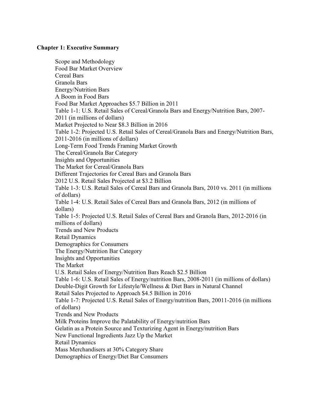 Chapter 1: Executive Summary Scope and Methodology Food Bar Market