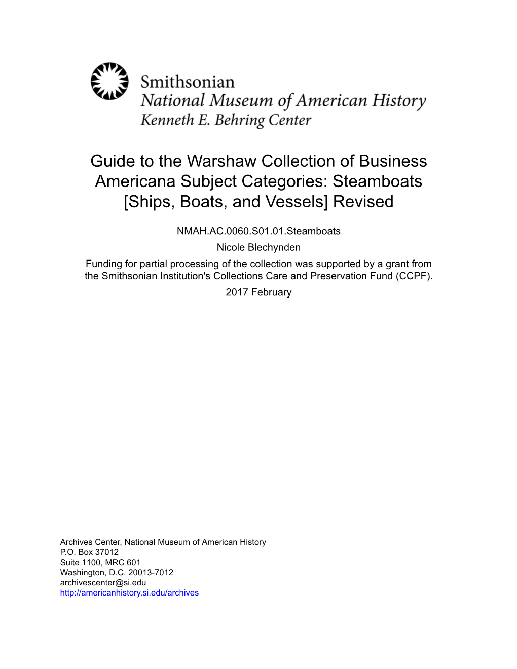 Guide to the Warshaw Collection of Business Americana Subject Categories: Steamboats [Ships, Boats, and Vessels] Revised