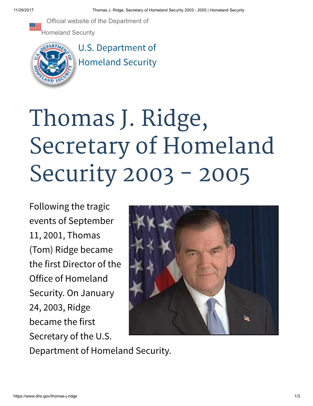 Tom Ridge Biography