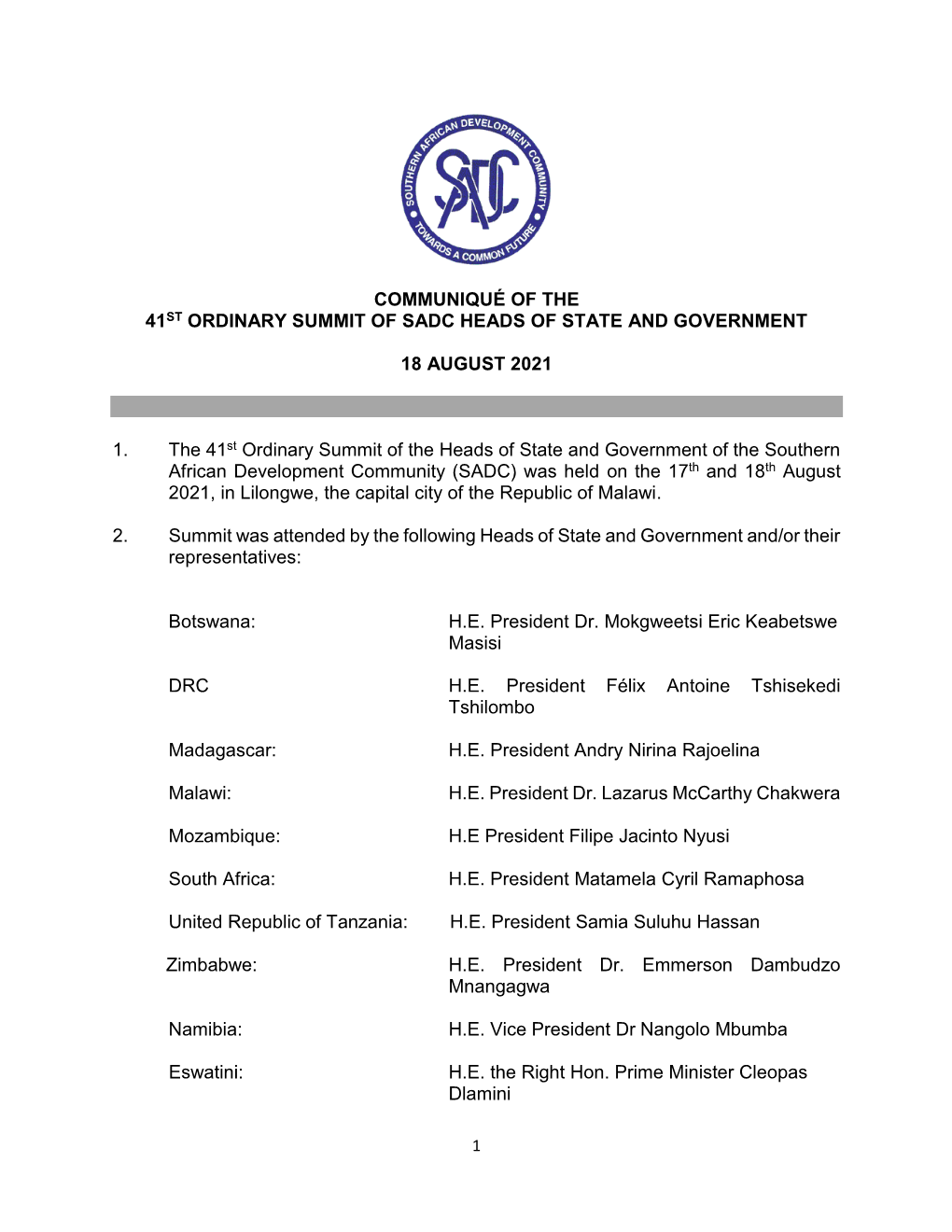 Communiqué of the 41St Ordinary Summit of Sadc Heads of State and Government 18 August 2021