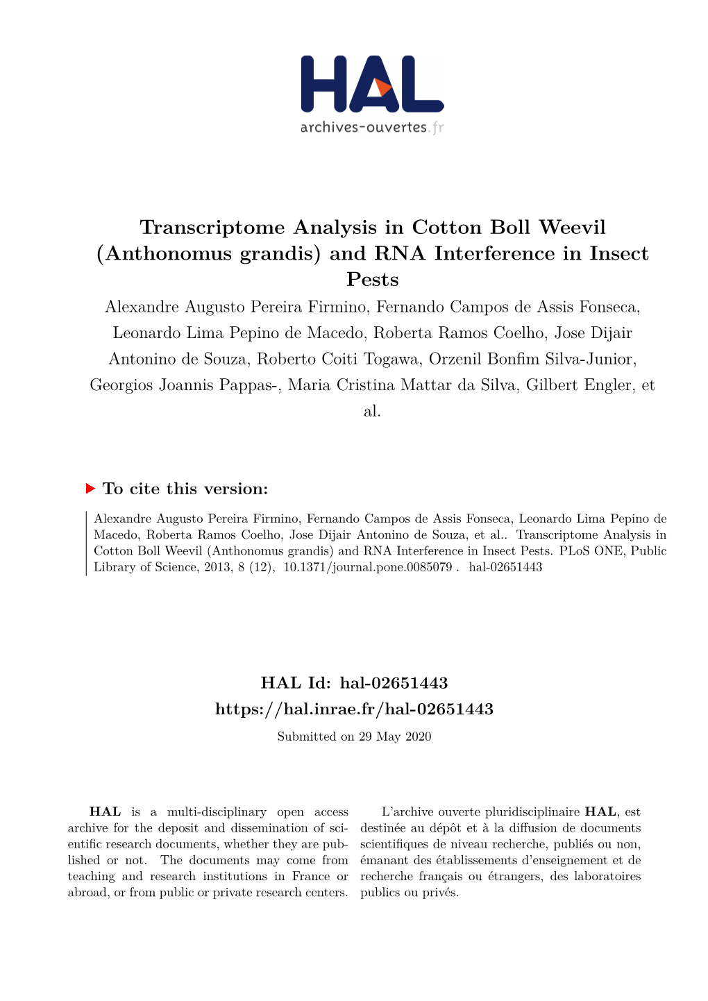 Transcriptome Analysis in Cotton Boll Weevil (Anthonomus Grandis)