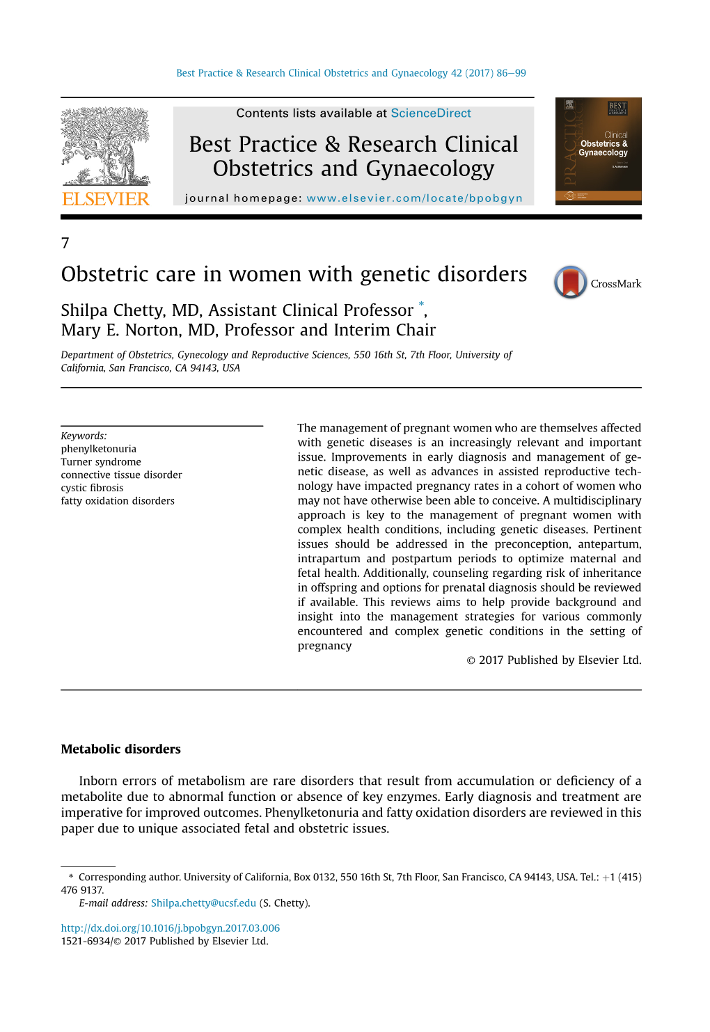 Obstetric Care in Women with Genetic Disorders