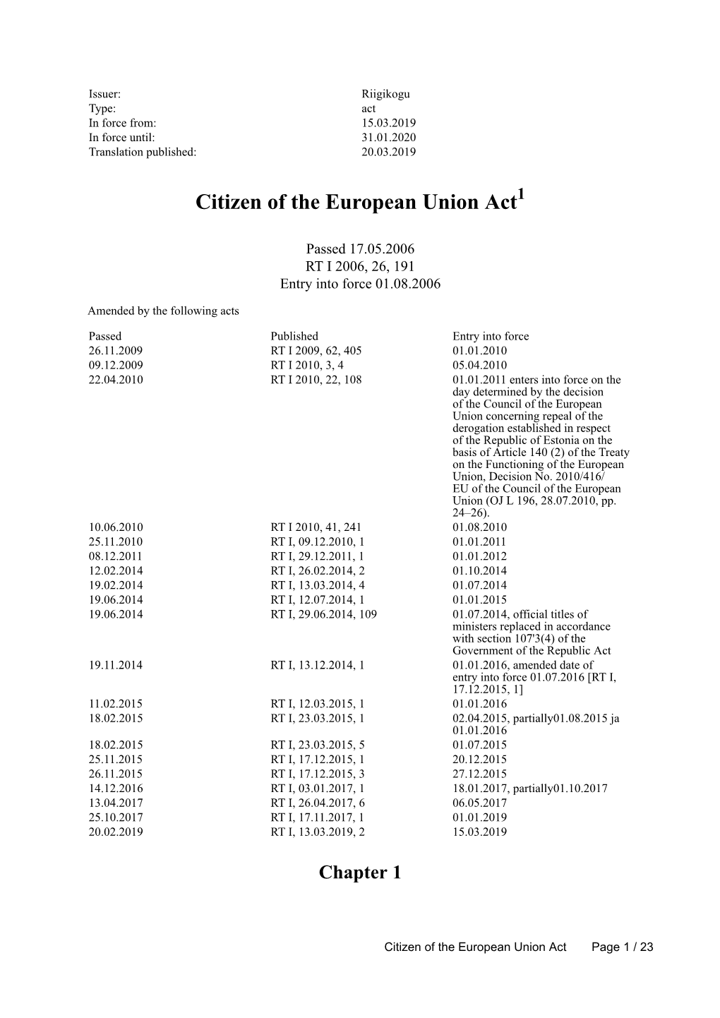 Citizen of the European Union Act1