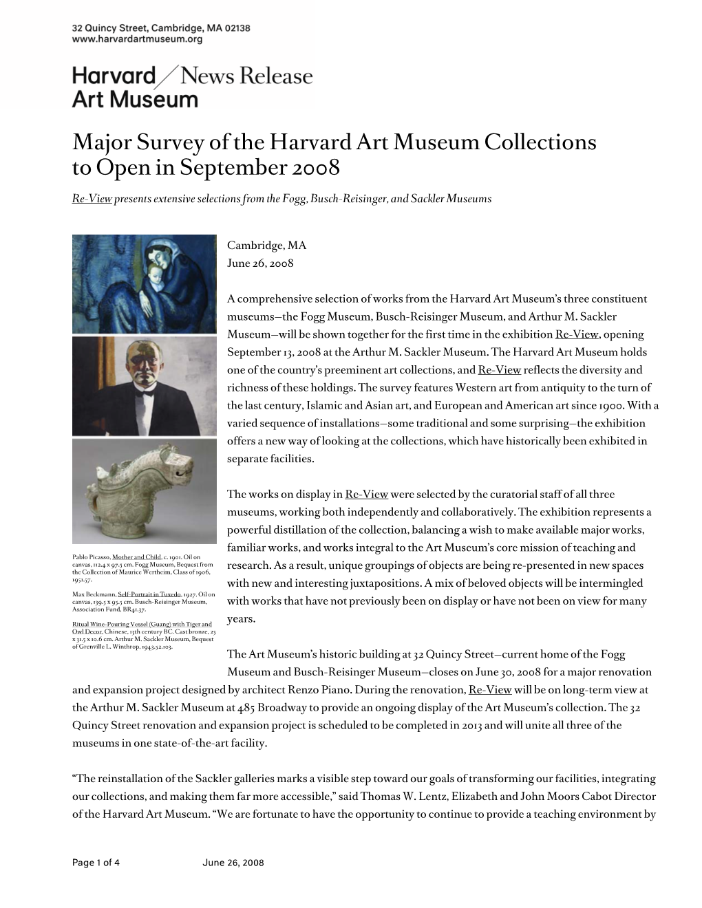 Major Survey of the Harvard Art Museum Collections to Open in September 2008