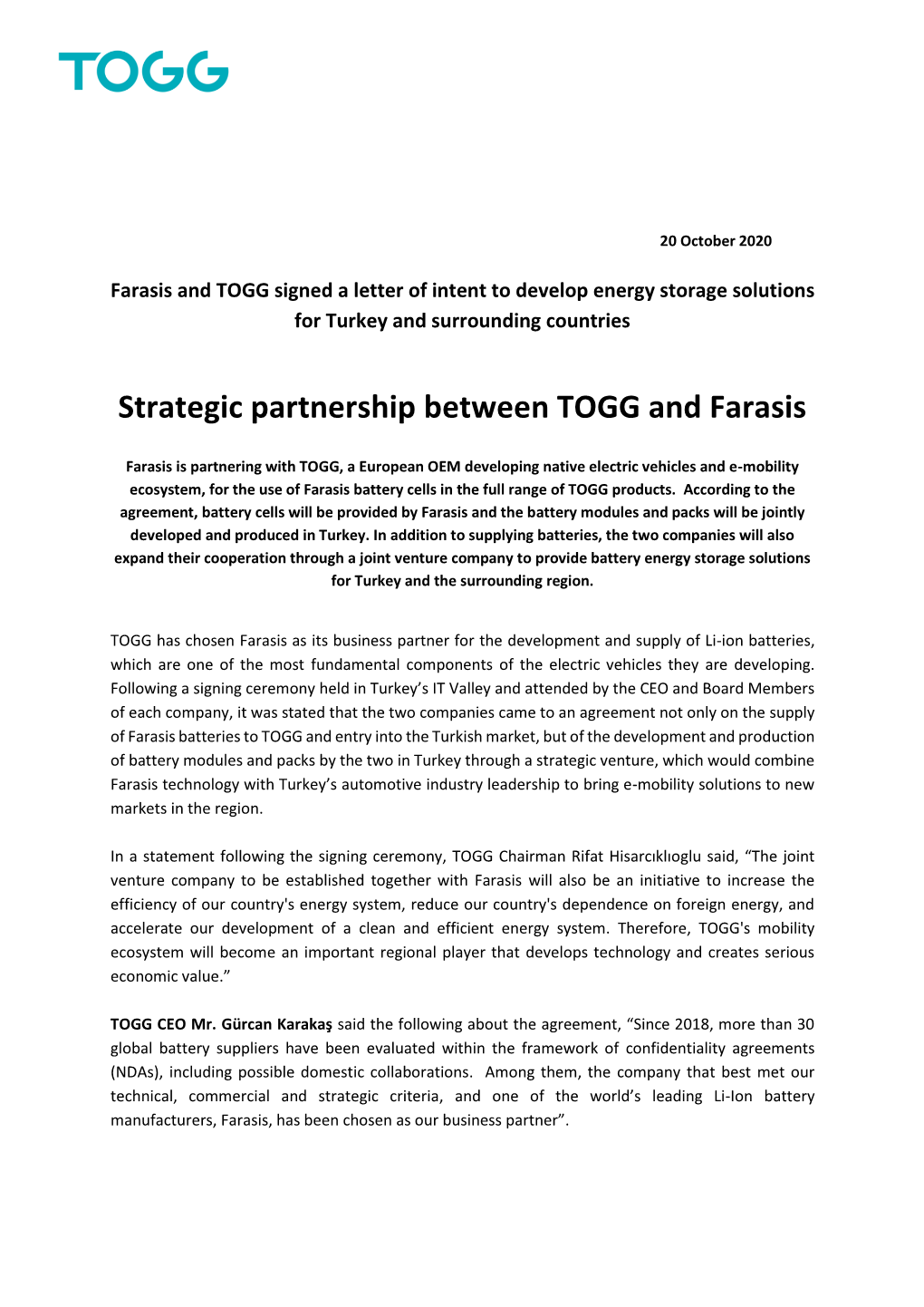 Strategic Partnership Between TOGG and Farasis