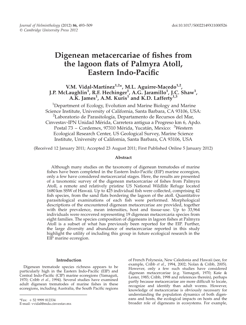 Digenean Metacercariae of Fishes from the Lagoon Flats of Palmyra