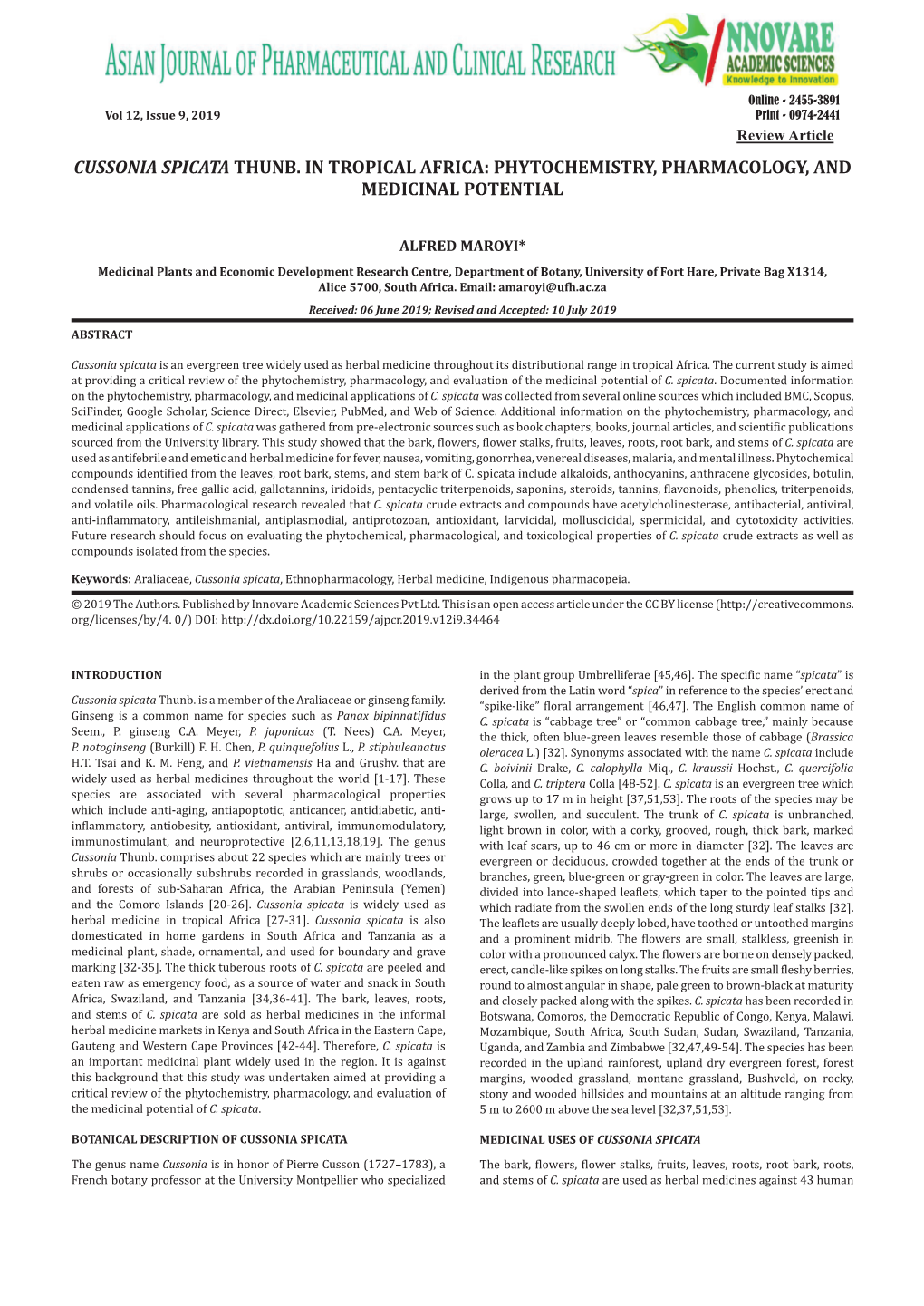 Cussonia Spicata Thunb. in Tropical Africa: Phytochemistry, Pharmacology, and Medicinal Potential