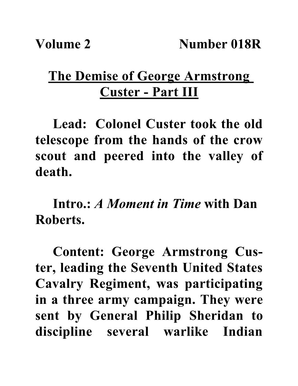 Volume 2 Number 018R the Demise of George Armstrong Custer