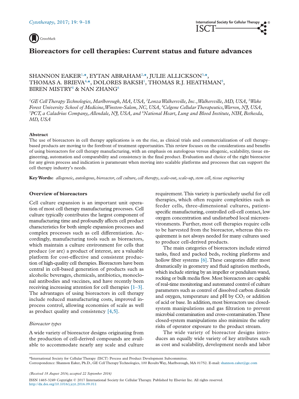 Bioreactors for Cell Therapies: Current Status and Future Advances