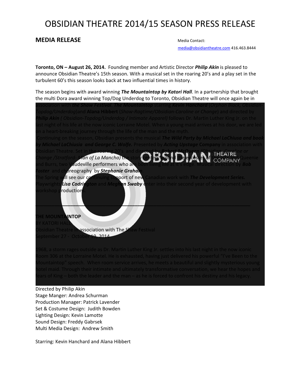 Obsidian Theatre 2014/15 Season Press Release