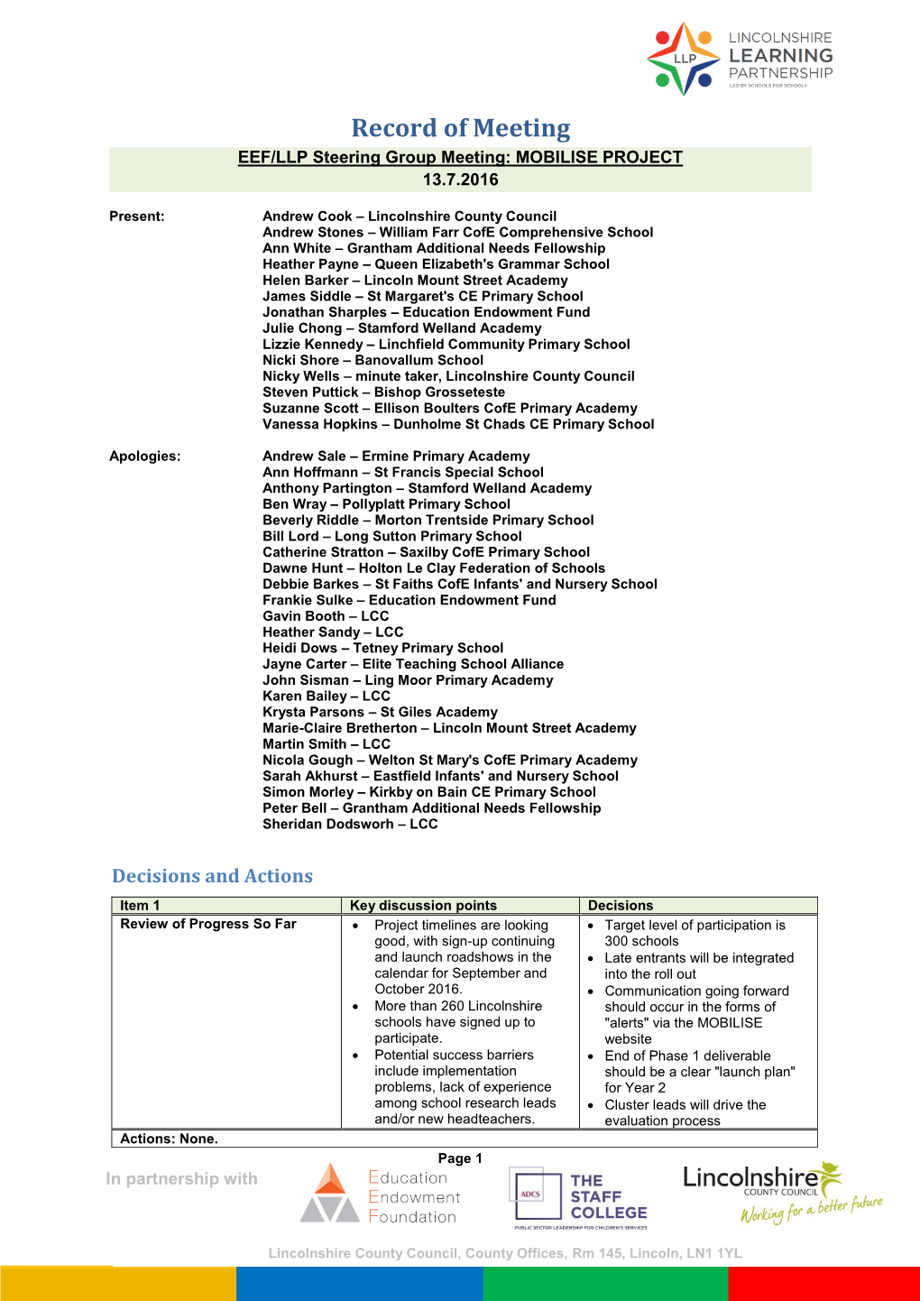 Record of Meeting MOBILISE Steering Group 13 July 2016