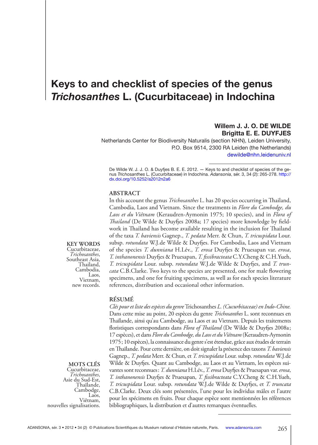 Keys to and Checklist of Species of the Genus Trichosanthes L. (Cucurbitaceae) in Indochina