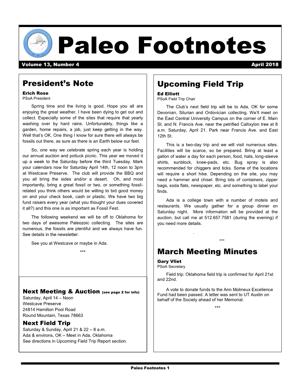 Paleo Footnotes Volume 13, Number 4 April 2018