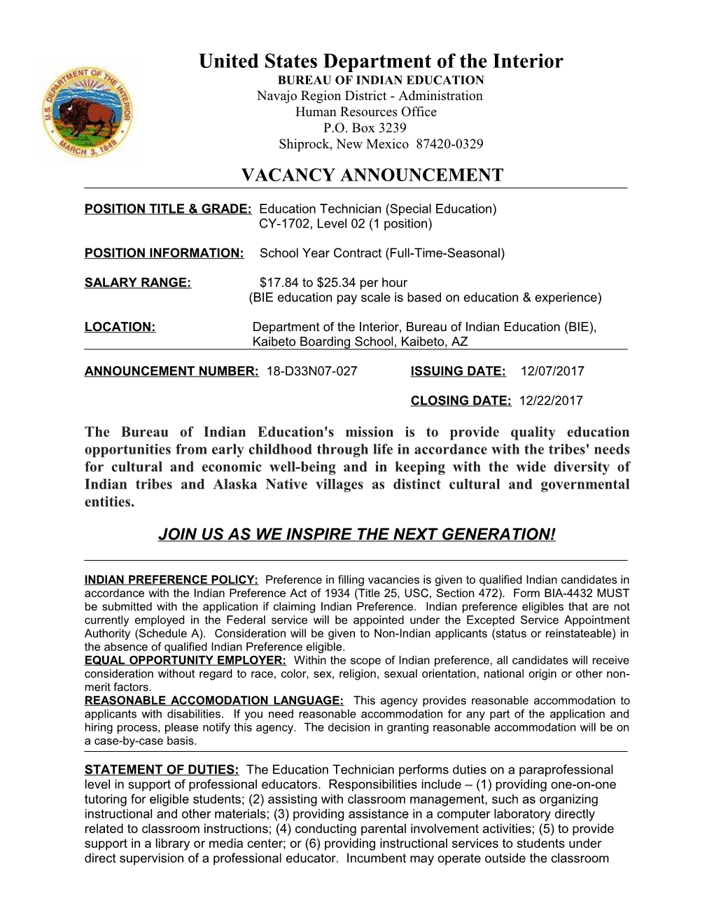 POSITION TITLE & GRADE: Education Technician (Special Education)