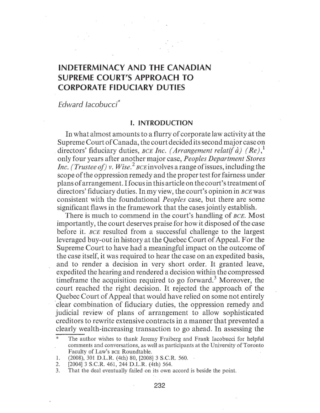 Indeterminacy and the Canadian Supreme Court's Approach to Corporate Fiduciary Duties