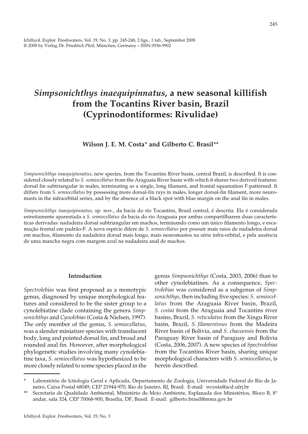 Simpsonichthys Inaequipinnatus, a New Seasonal Killifish from the Tocantins River Basin, Brazil (Cyprinodontiformes: Rivulidae)