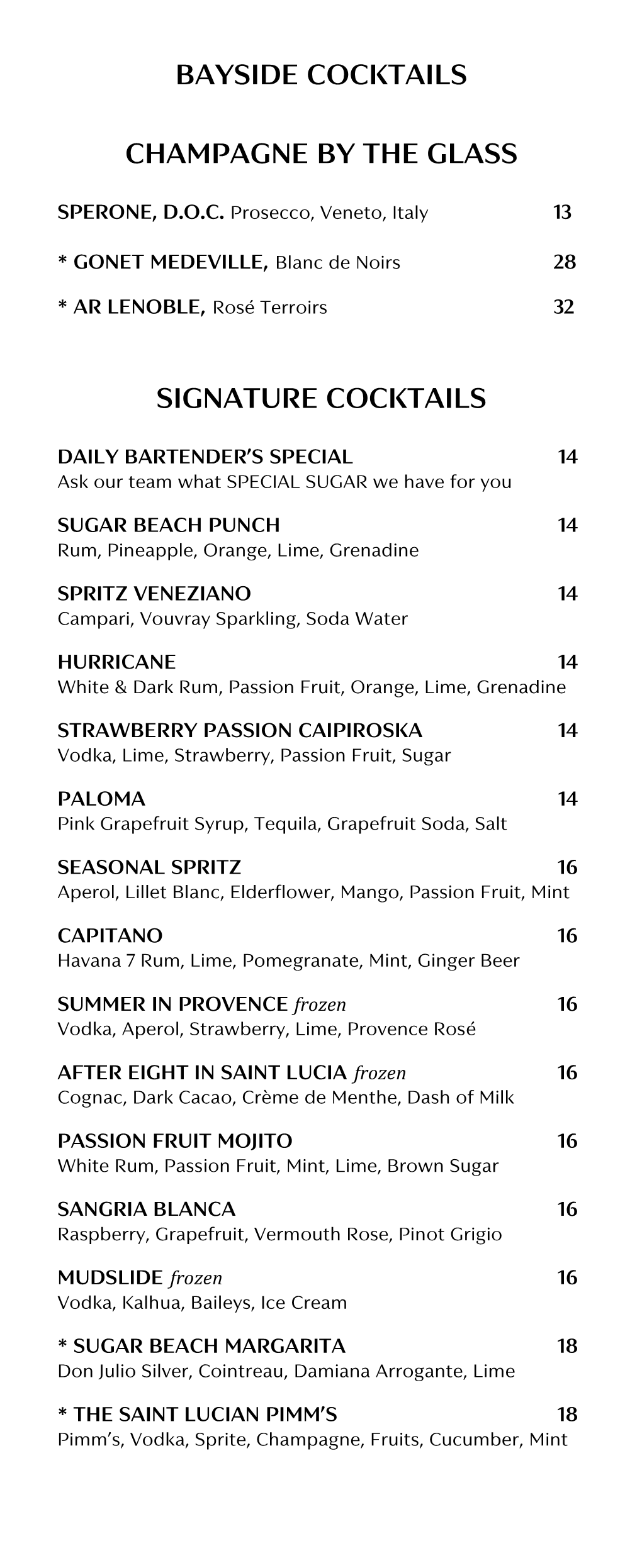 Bayside Cocktail Menu