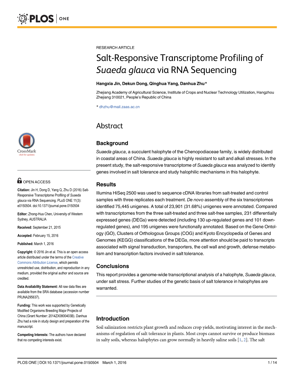 Salt-Responsive Transcriptome Profiling of Suaeda Glauca Via RNA Sequencing