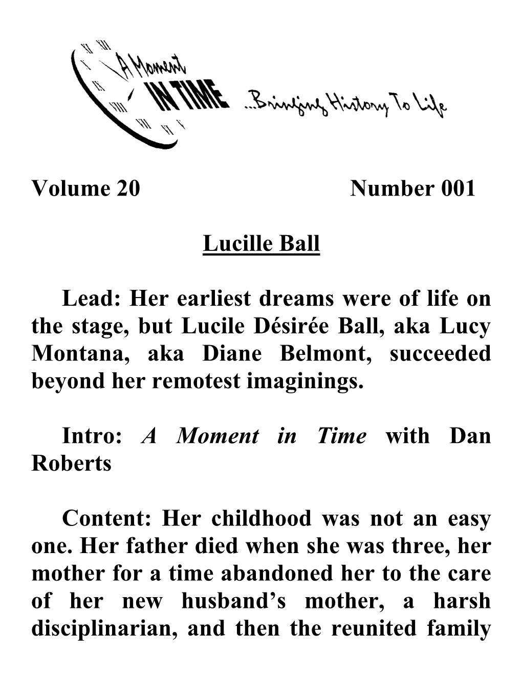 Volume 20 Number 001 Lucille Ball Lead: Her Earliest Dreams Were Of