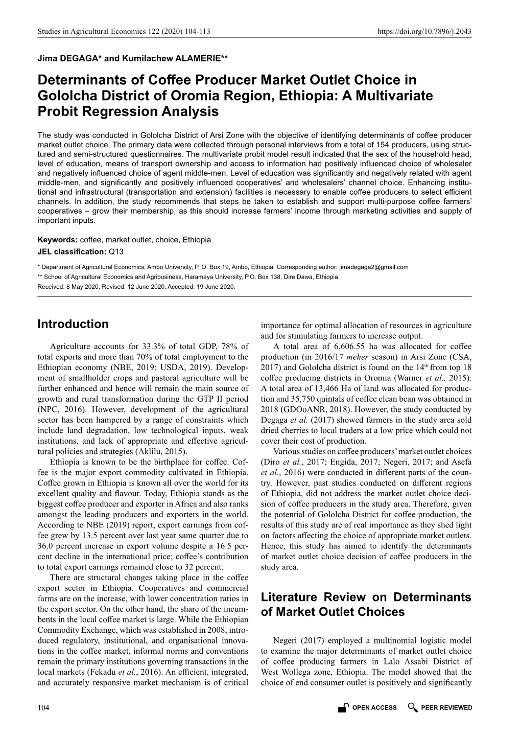 Determinants of Coffee Producer Market Outlet Choice in Gololcha District of Oromia Region, Ethiopia: a Multivariate Probit Regression Analysis