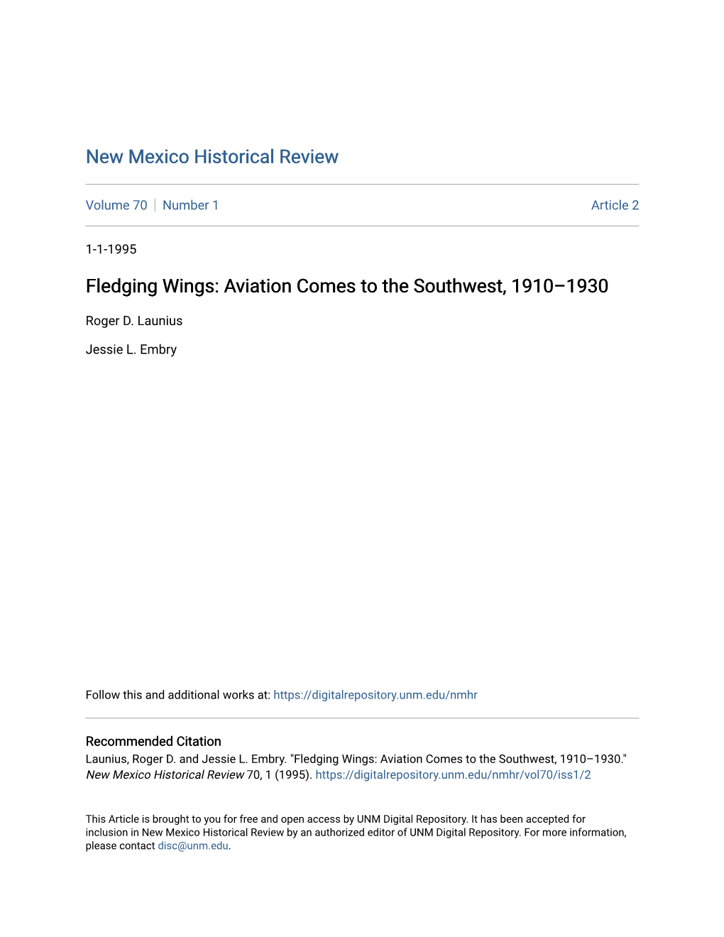 Fledging Wings: Aviation Comes to the Southwest, 1910Â•Fi1930