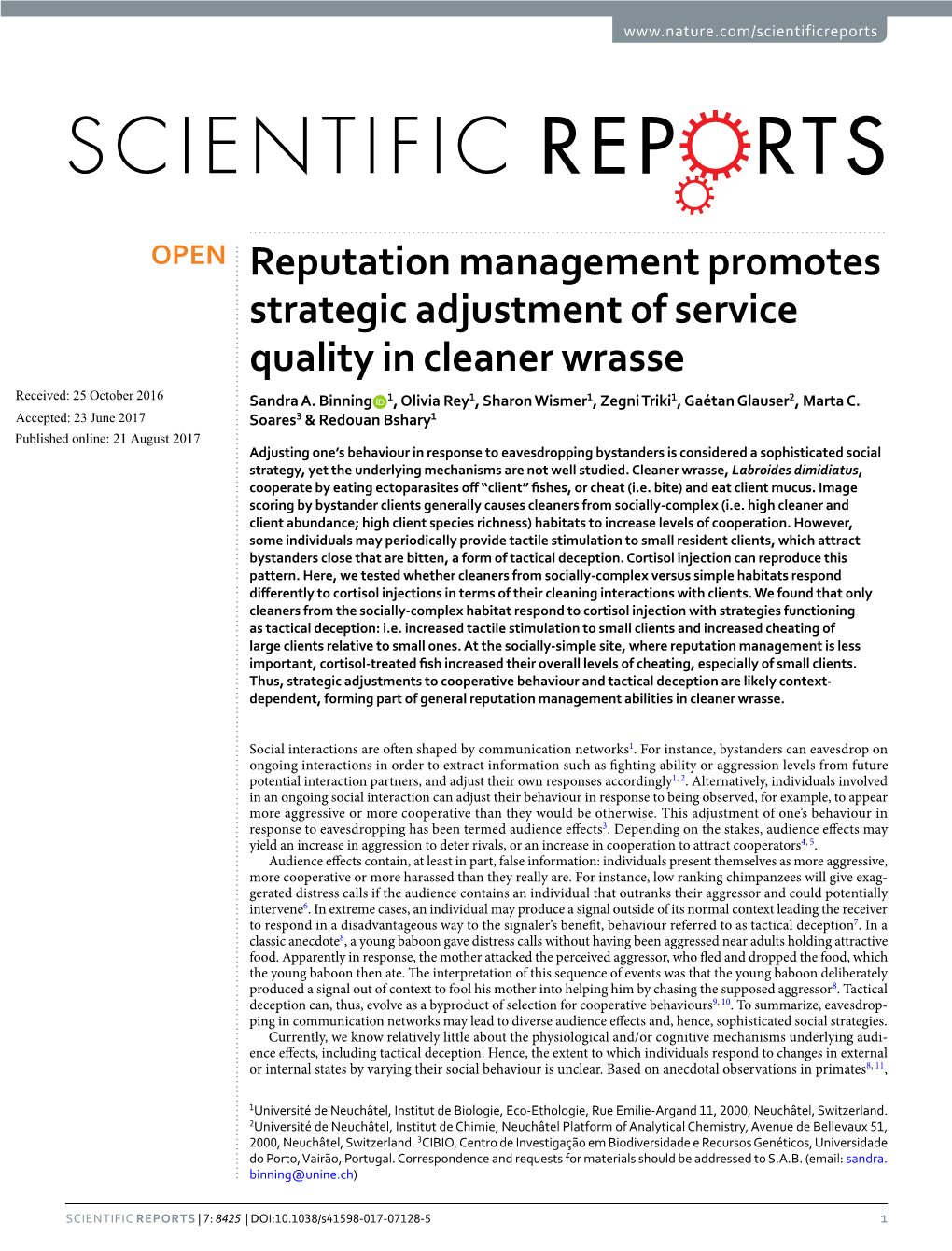 Reputation Management Promotes Strategic Adjustment of Service Quality in Cleaner Wrasse Received: 25 October 2016 Sandra A