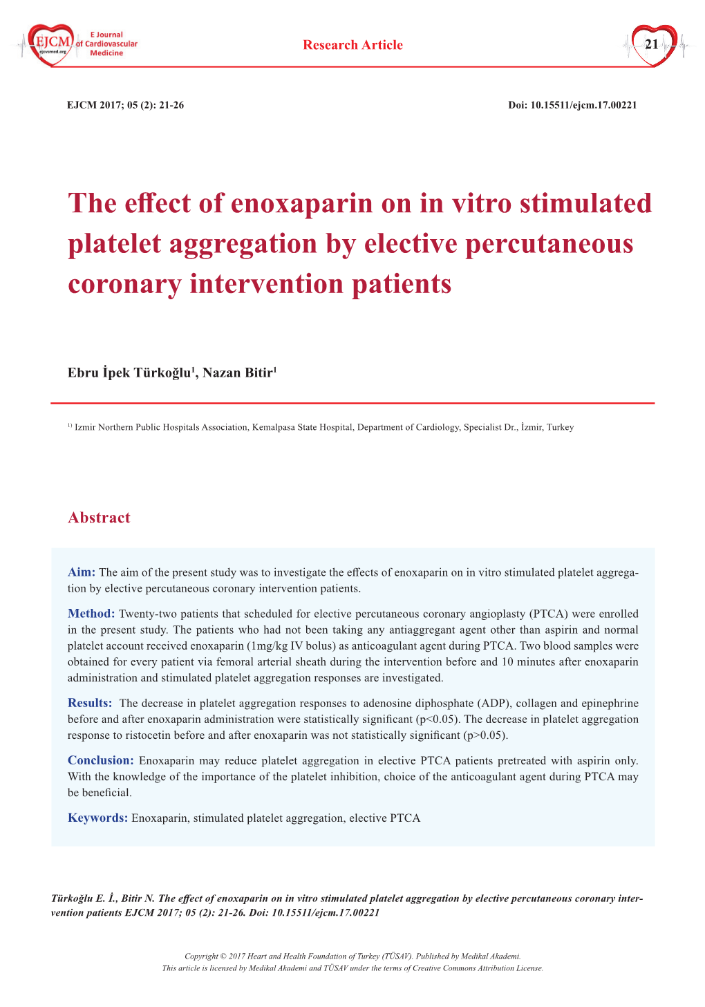 The Effect of Enoxaparin on in Vitro Stimulated Platelet Aggregation by Elective Percutaneous Coronary Intervention Patients