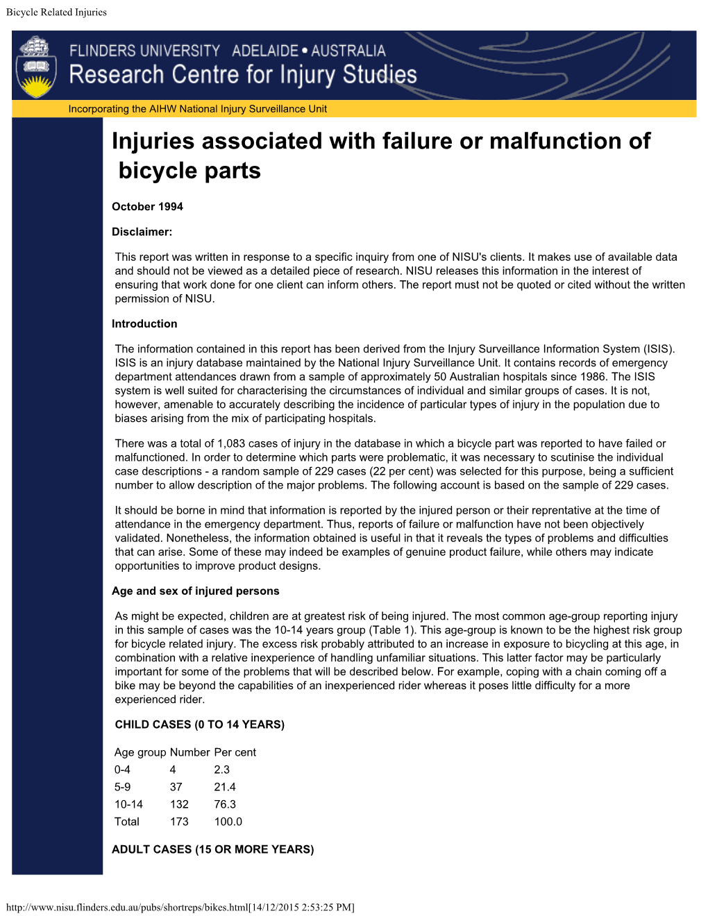 Injuries Associated with Failure Or Malfunction of Bicycle Parts (AIHW