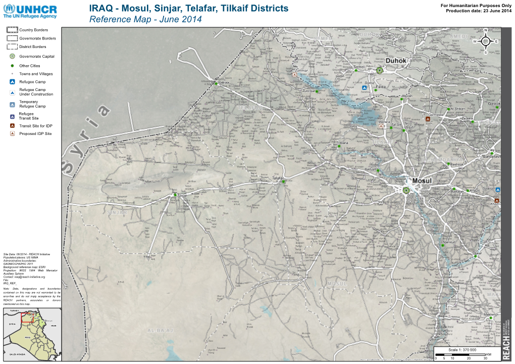 IRAQ - Mosul, Sinjar, Telafar, Tilkaif Districts Production Date: 23 June 2014 Reference Map - June 2014