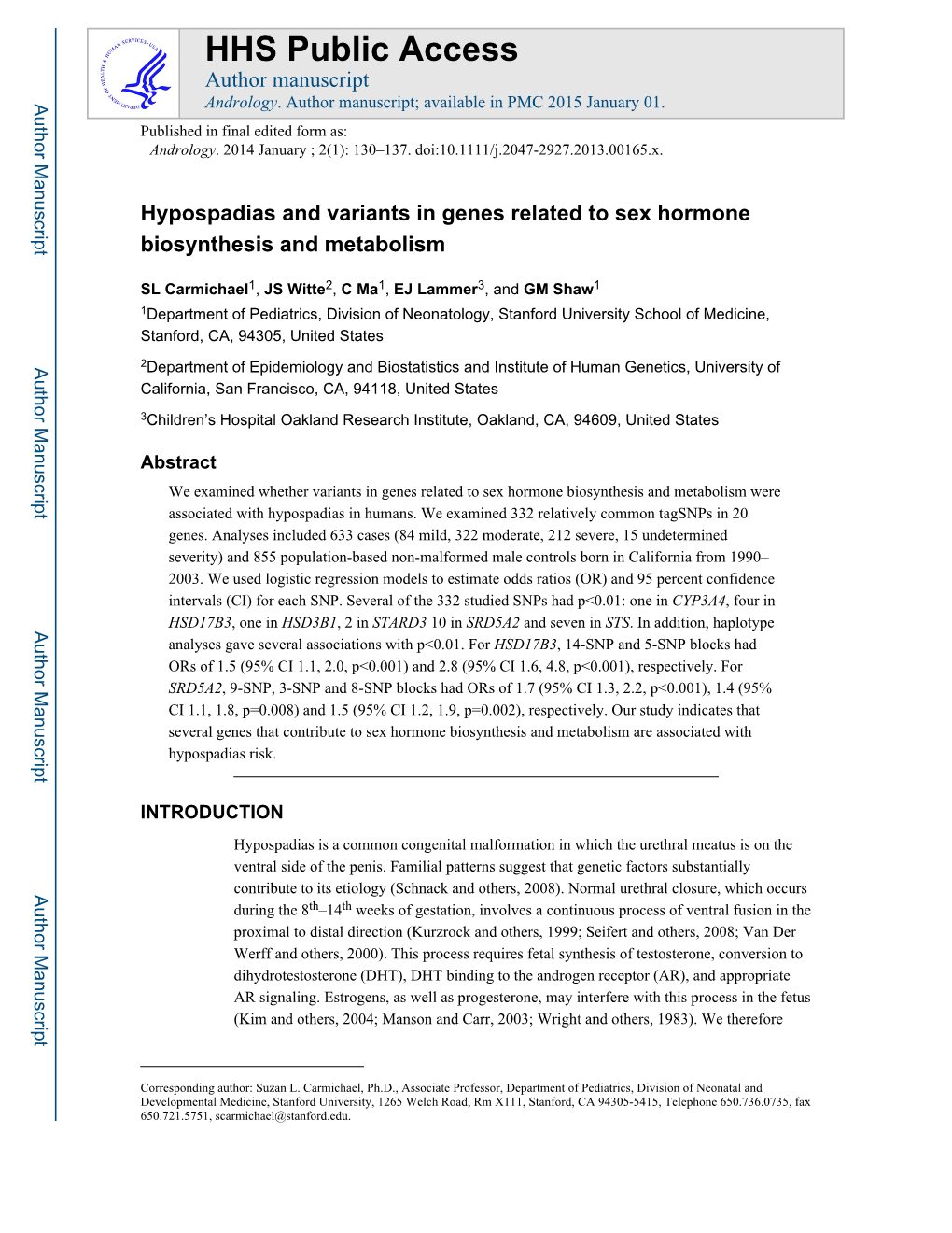 Hypospadias and Variants in Genes Related to Sex Hormone Biosynthesis and Metabolism