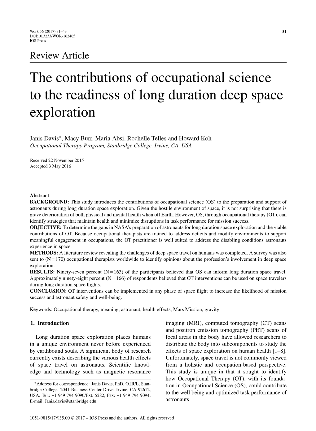 The Contributions of Occupational Science to the Readiness of Long Duration Deep Space Exploration