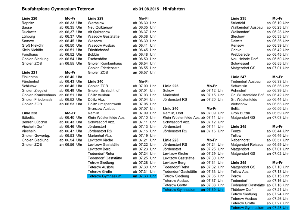Busfahrpläne Gymnasium Teterow Ab 31.08.2015 Hinfahrten