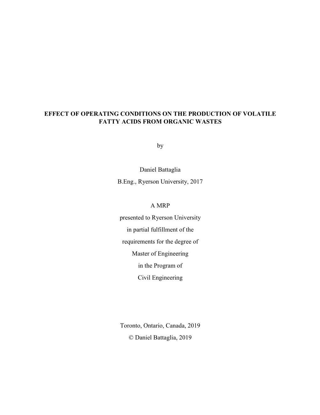 Effect of Operating Condition on the Production of Volatile Fatty Acids