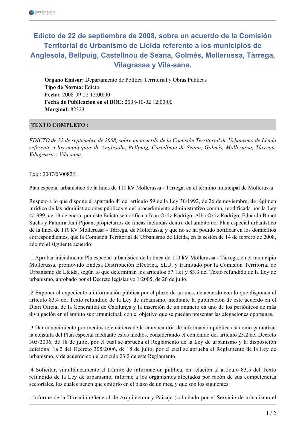 Edicto De 22 De Septiembre De 2008, Sobre Un Acuerdo De La Comisión