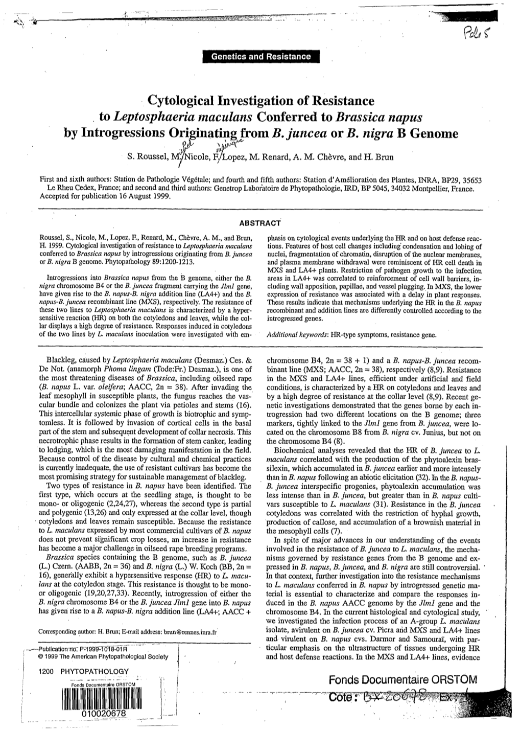 Cytological Investigation of Resistance to Leptosphaeria Maculans