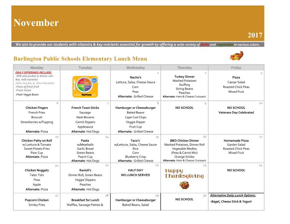 Burlington Public Schools Elementary Lunch Menu