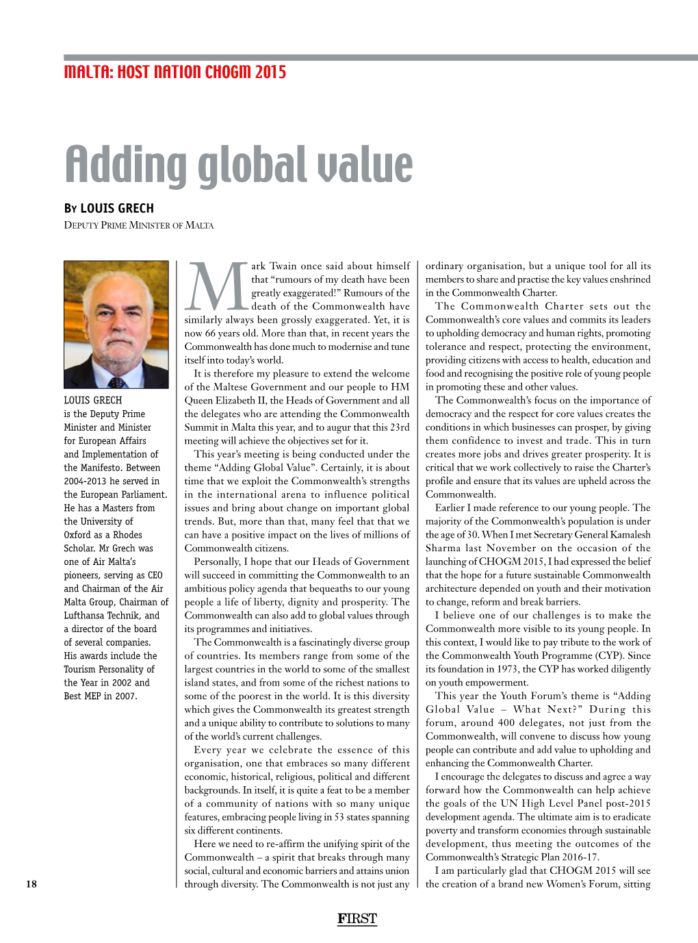 Adding Global Value by LOUIS GRECH Deputy Prime Minister of Malta